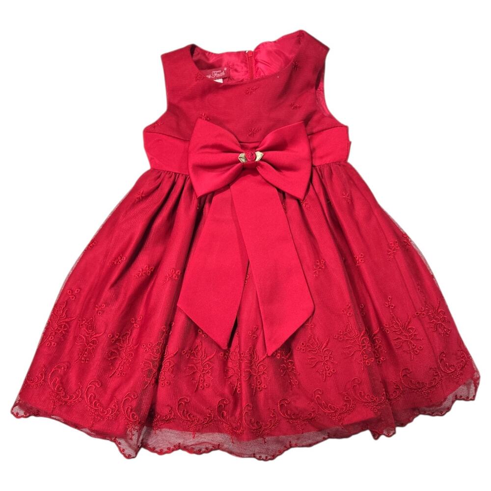 Princess Faith Toddler 2T Dark Red Bow Embroidered Floral Party Dress Festive